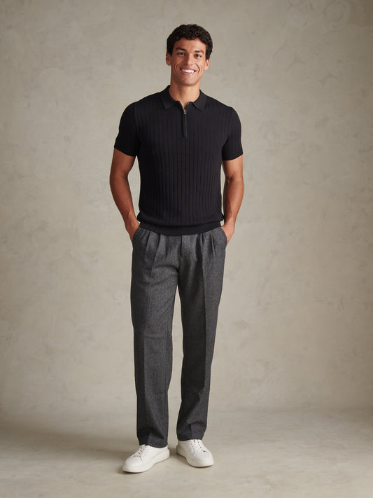 Mens Herringbone Pleated Chino Trousers Ebony