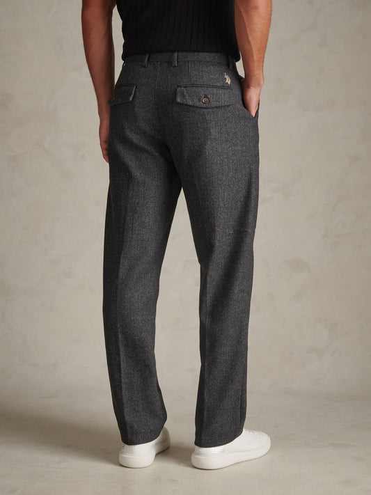 Mens Herringbone Pleated Chino Trousers Ebony