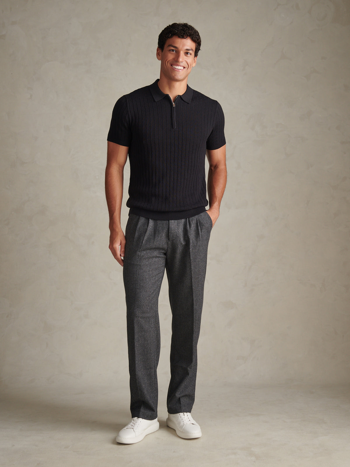 Mens Herringbone Pleated Chino Trousers Ebony