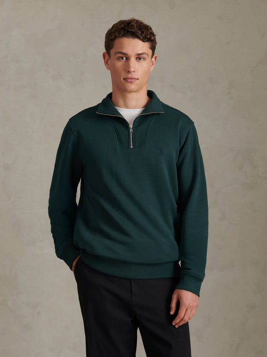 Mens Twill Texture Quarter Zip Funnel Neck Sweatshirt Green Gables