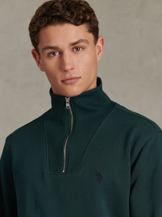 Mens Twill Texture Quarter Zip Funnel Neck Sweatshirt Green Gables