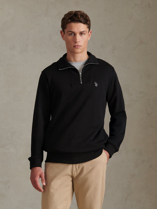 Mens Twill Texture Quarter Zip Funnel Neck Sweatshirt Black / Skyrocket DHM