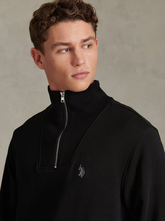 Mens Twill Texture Quarter Zip Funnel Neck Sweatshirt Black / Skyrocket DHM