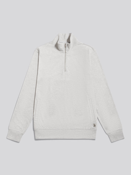Mens Brushed Twill Quarter Zip Funnel Neck Sweatshirt Light Grey Marl