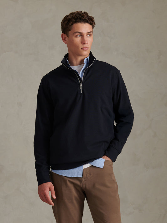 Mens Brushed Twill Quarter Zip Funnel Neck Sweatshirt Dark Sapphire Navy