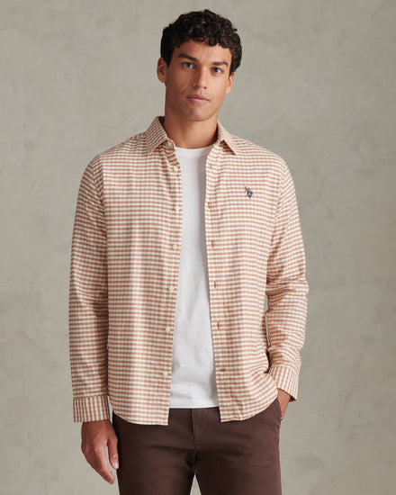 Mens Textured Weave Gingham Shirt Autumn Leaf
