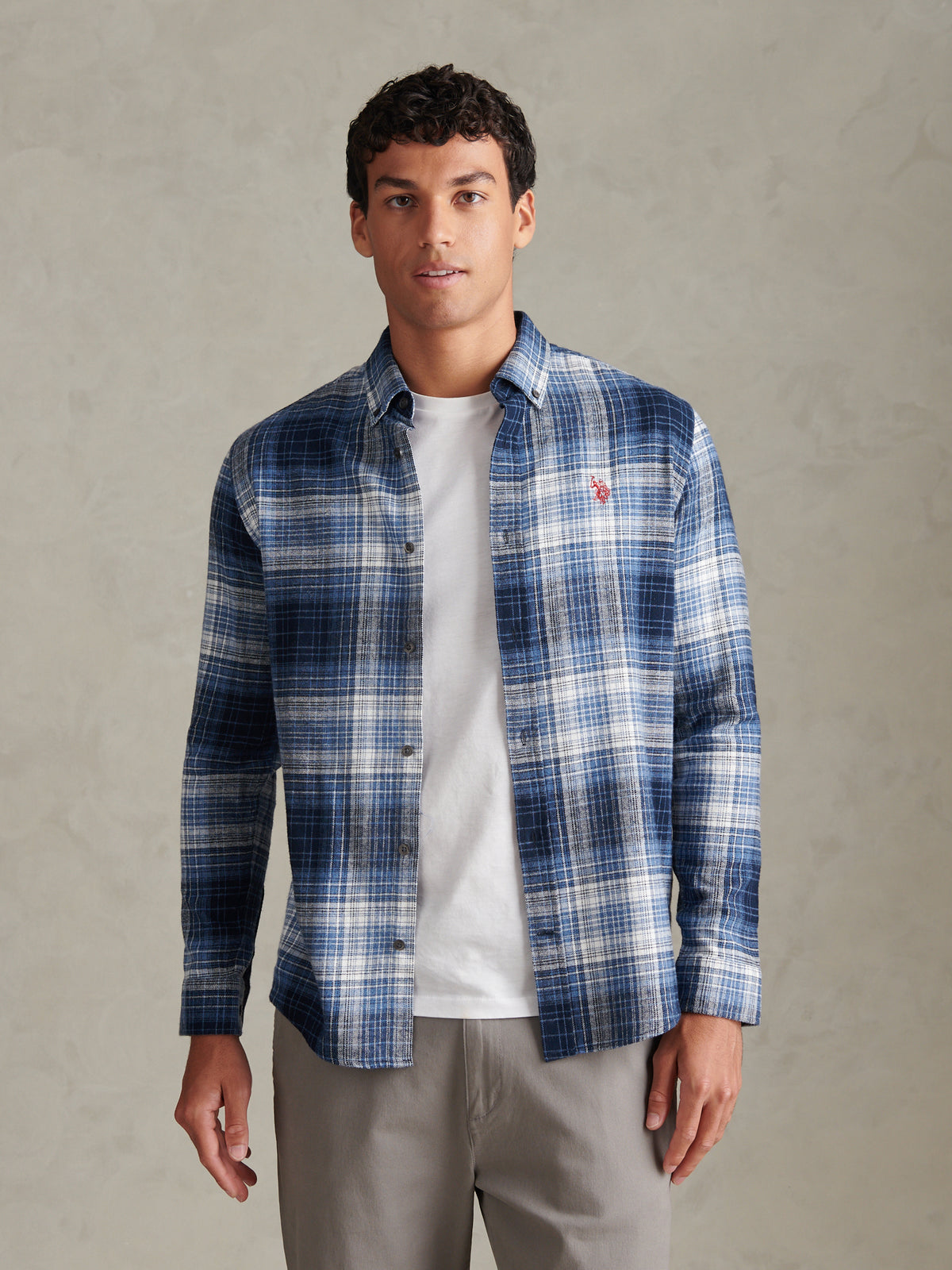 Mens Ombre Check Button-Down Shirt Dark Sapphire Navy