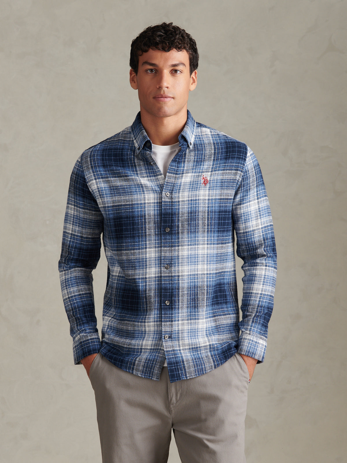 Mens Ombre Check Button-Down Shirt Dark Sapphire Navy