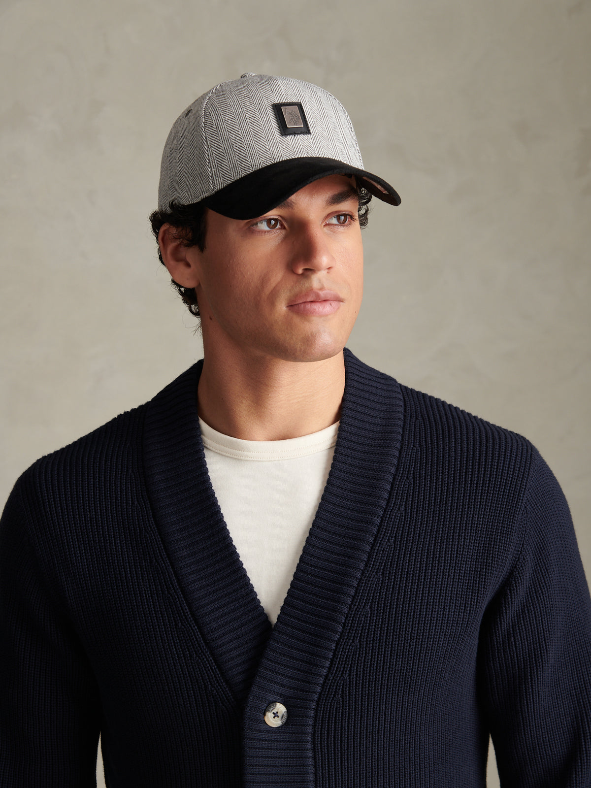 Mens Herringbone & Suede Baseball Cap Mid Grey Marl
