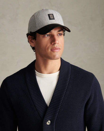Mens Herringbone & Suede Baseball Cap Mid Grey Marl