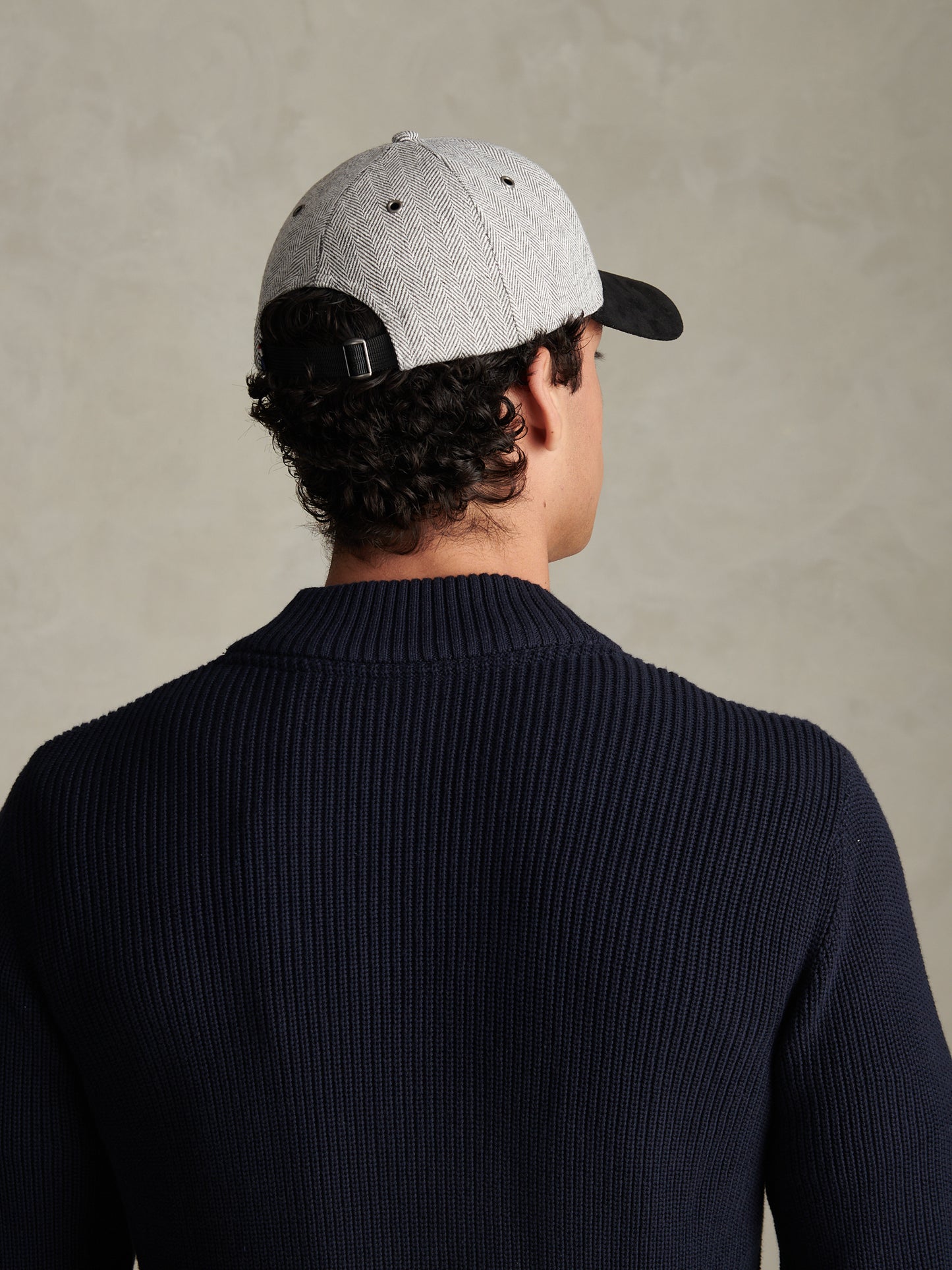 Mens Herringbone & Suede Baseball Cap Mid Grey Marl