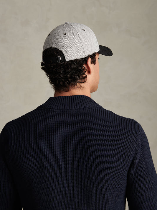Mens Herringbone & Suede Baseball Cap Mid Grey Marl