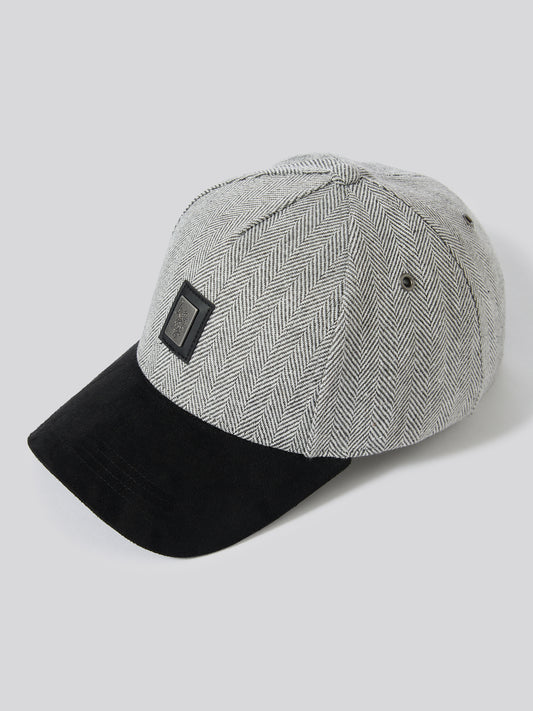 Mens Herringbone & Suede Baseball Cap Mid Grey Marl