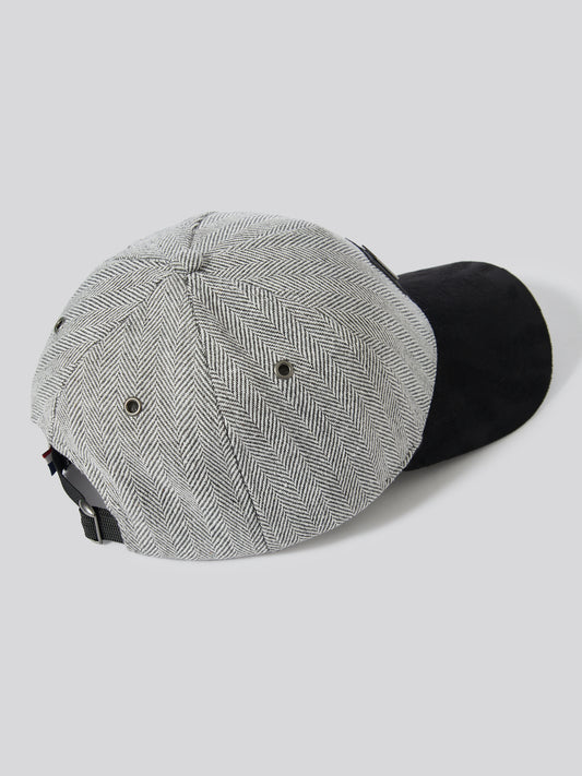 Mens Herringbone & Suede Baseball Cap Mid Grey Marl
