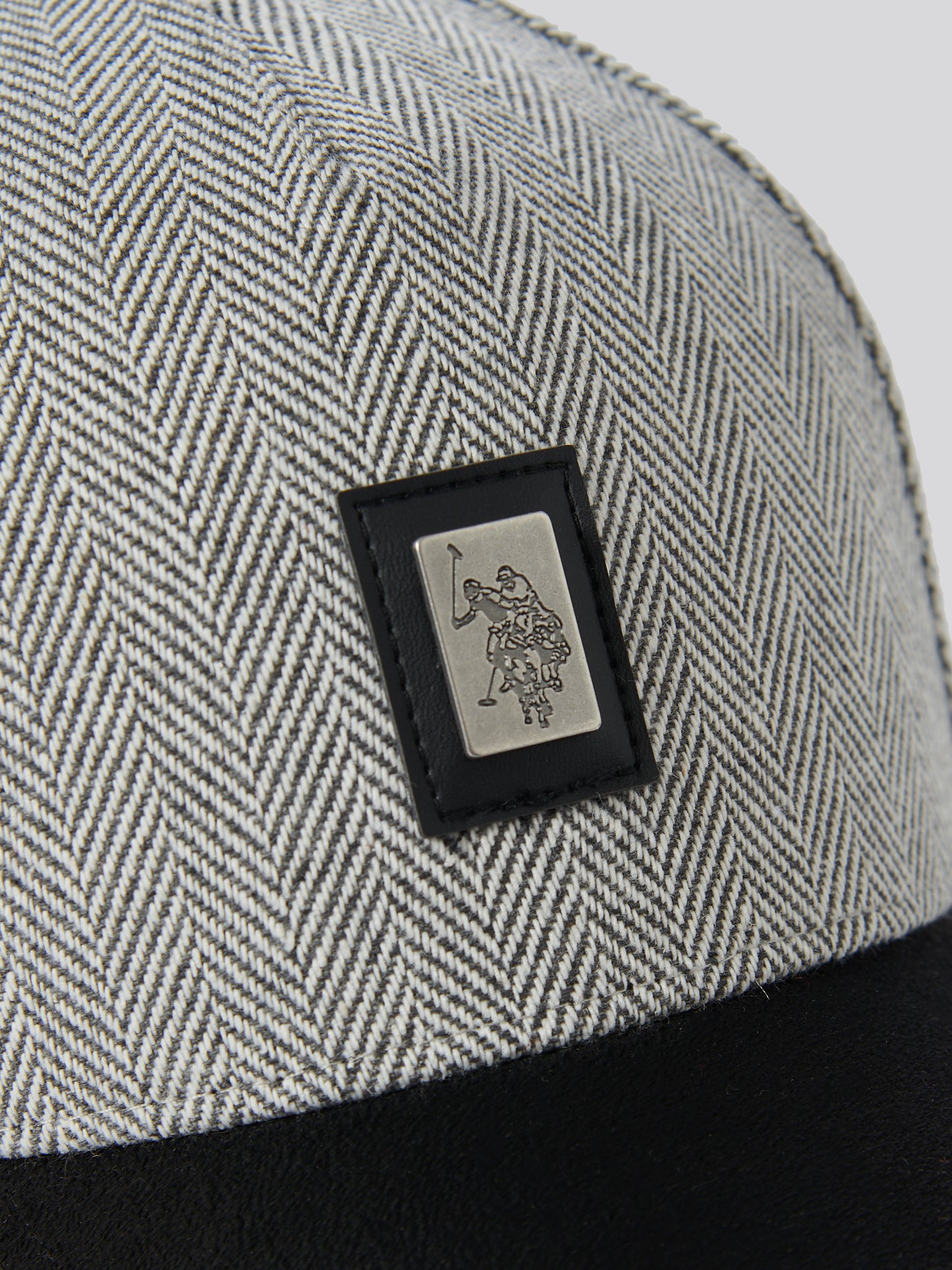 Mens Herringbone & Suede Baseball Cap Mid Grey Marl