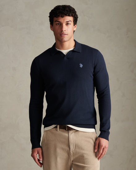 Mens Combed Cotton Open Collar Long Sleeve Polo Shirt Dark Sapphire Navy / Moonlight Blue DHM