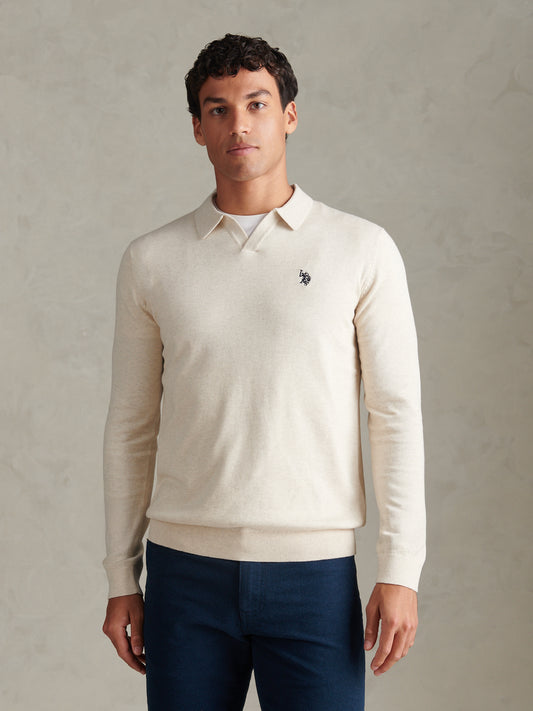 Mens Combed Cotton Open Collar Long Sleeve Polo Shirt Birch Marl
