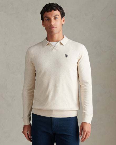 Mens Combed Cotton Open Collar Long Sleeve Polo Shirt Birch Marl