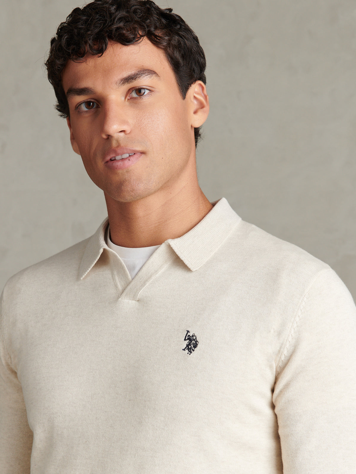 Mens Combed Cotton Open Collar Long Sleeve Polo Shirt Birch Marl