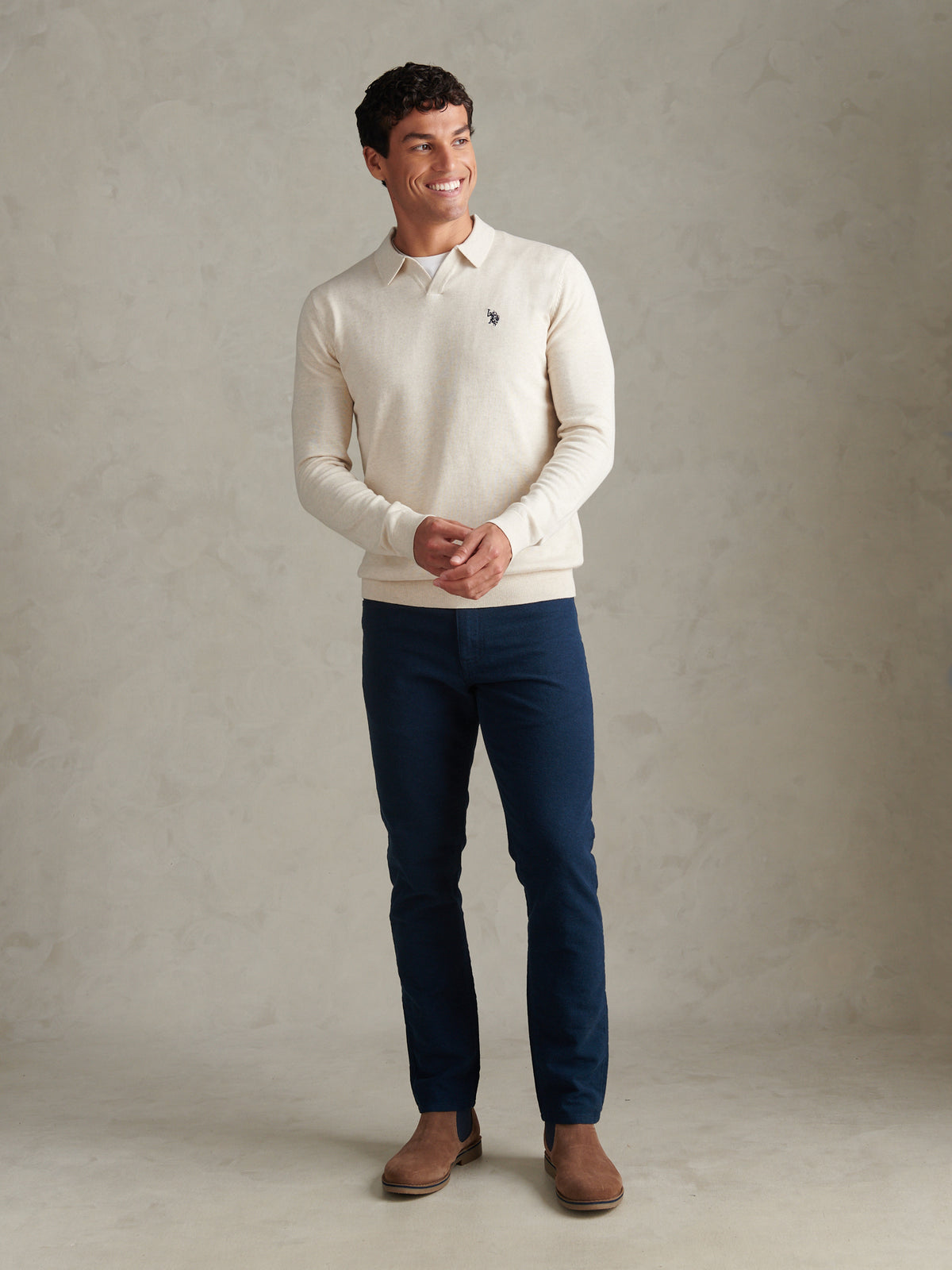 Mens Combed Cotton Open Collar Long Sleeve Polo Shirt Birch Marl