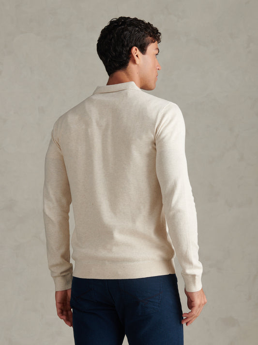 Mens Combed Cotton Open Collar Long Sleeve Polo Shirt Birch Marl