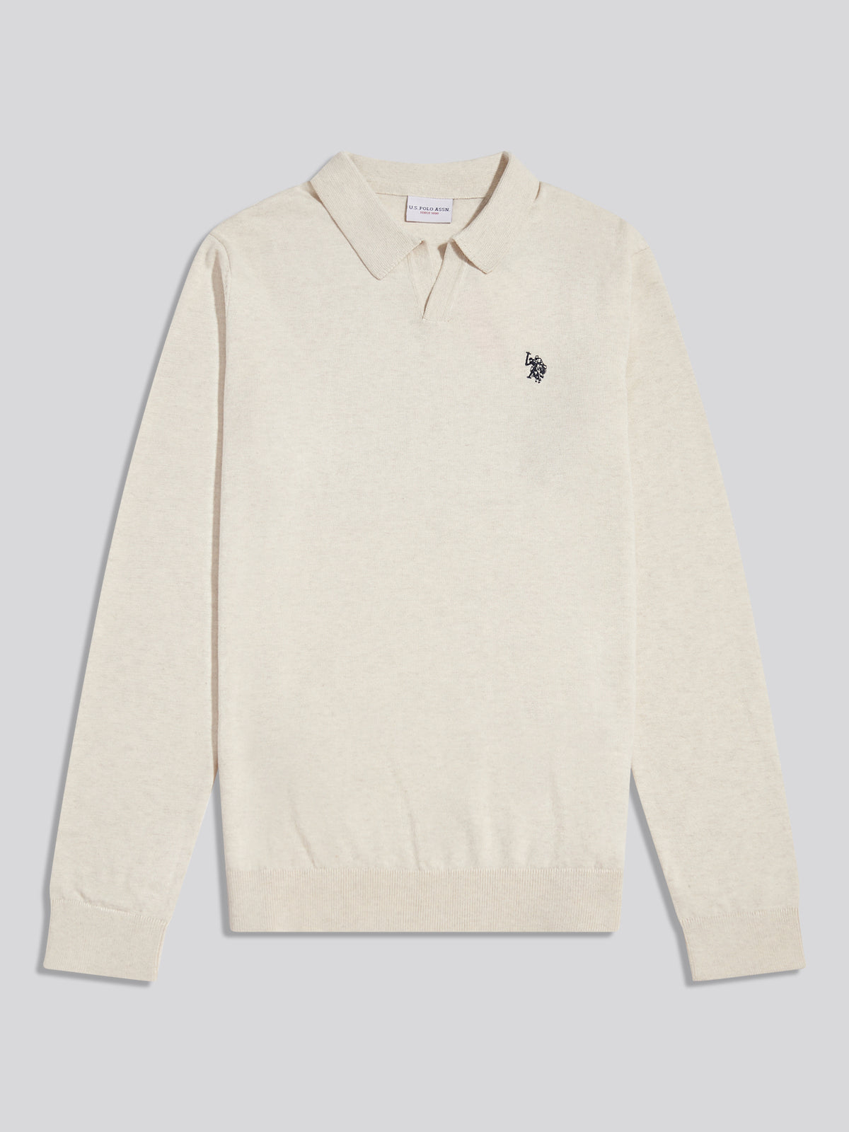 Mens Combed Cotton Open Collar Long Sleeve Polo Shirt Birch Marl