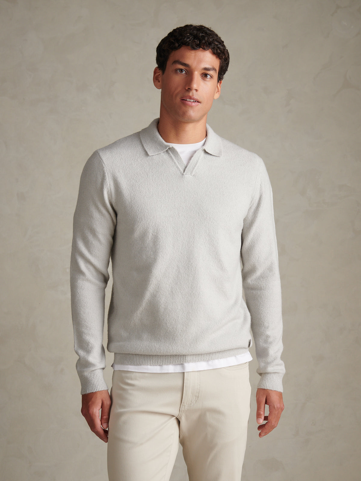 Mens Brushed Knit Long Sleeve Polo Shirt Light Grey Marl