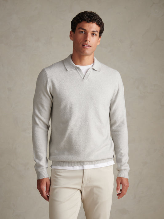 Mens Brushed Knit Long Sleeve Polo Shirt Light Grey Marl