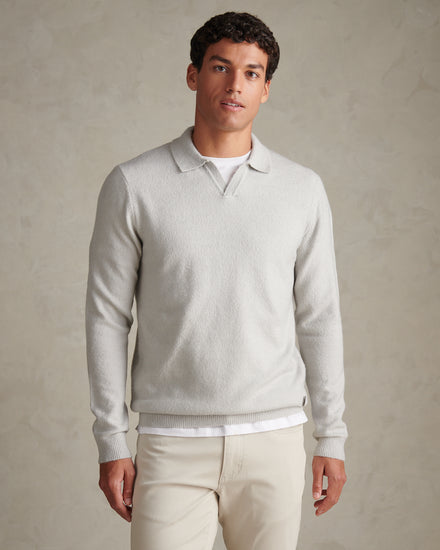 Mens Brushed Knit Long Sleeve Polo Shirt Light Grey Marl