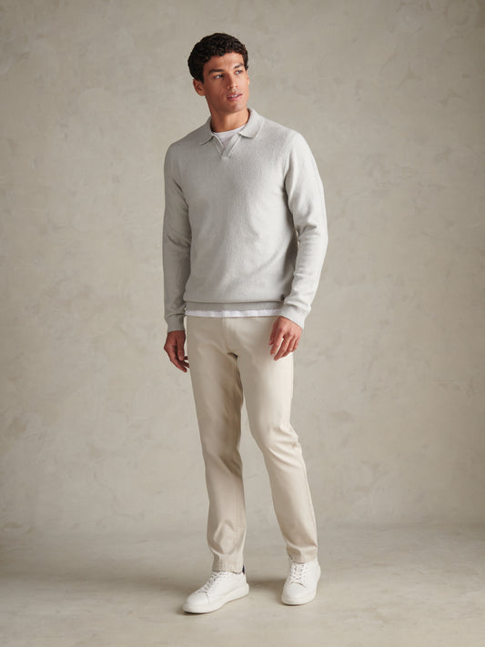 Mens Brushed Knit Long Sleeve Polo Shirt Light Grey Marl