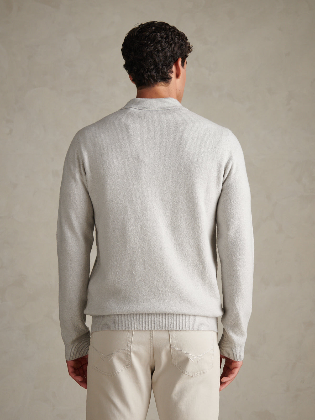 Mens Brushed Knit Long Sleeve Polo Shirt Light Grey Marl
