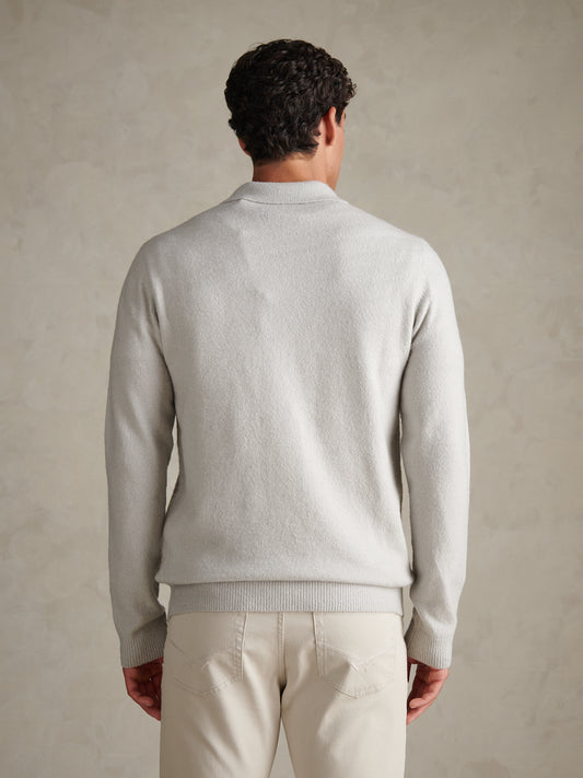 Mens Brushed Knit Long Sleeve Polo Shirt Light Grey Marl