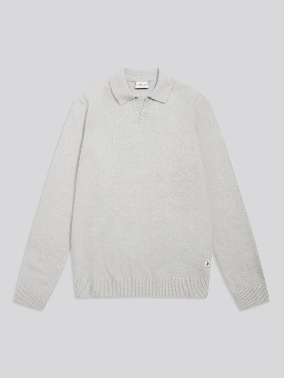 Mens Brushed Knit Long Sleeve Polo Shirt Light Grey Marl