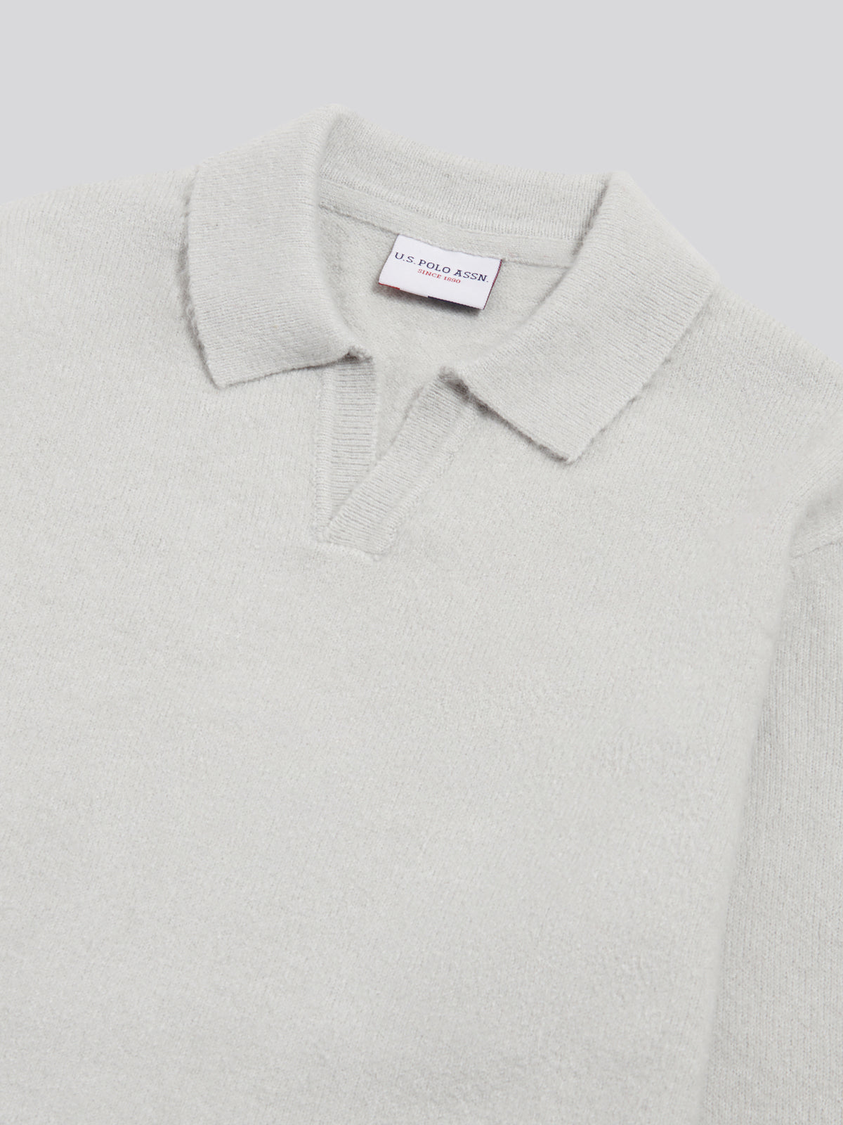 Mens Brushed Knit Long Sleeve Polo Shirt Light Grey Marl