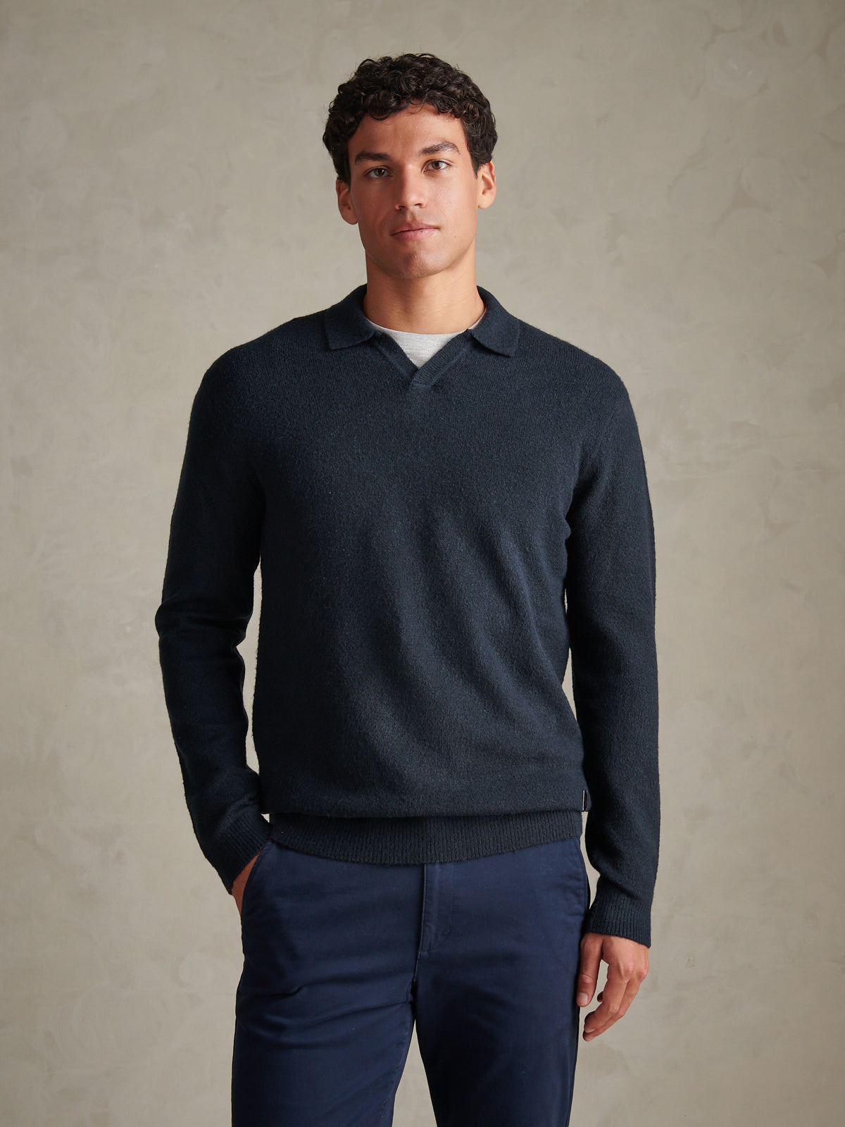 Mens Brushed Knit Long Sleeve Polo Shirt Dark Sapphire Navy