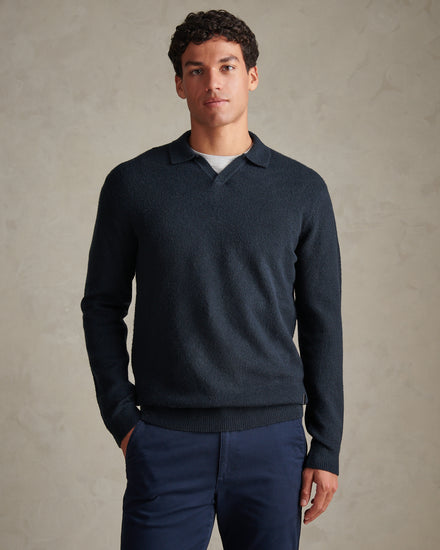 Mens Brushed Knit Long Sleeve Polo Shirt Dark Sapphire Navy