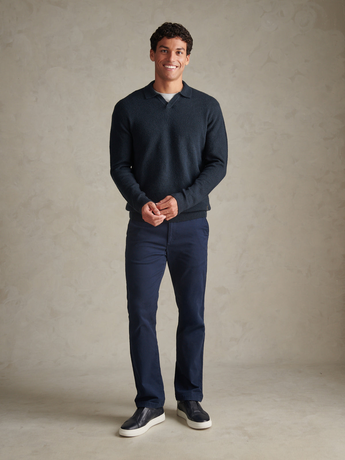 Mens Brushed Knit Long Sleeve Polo Shirt Dark Sapphire Navy