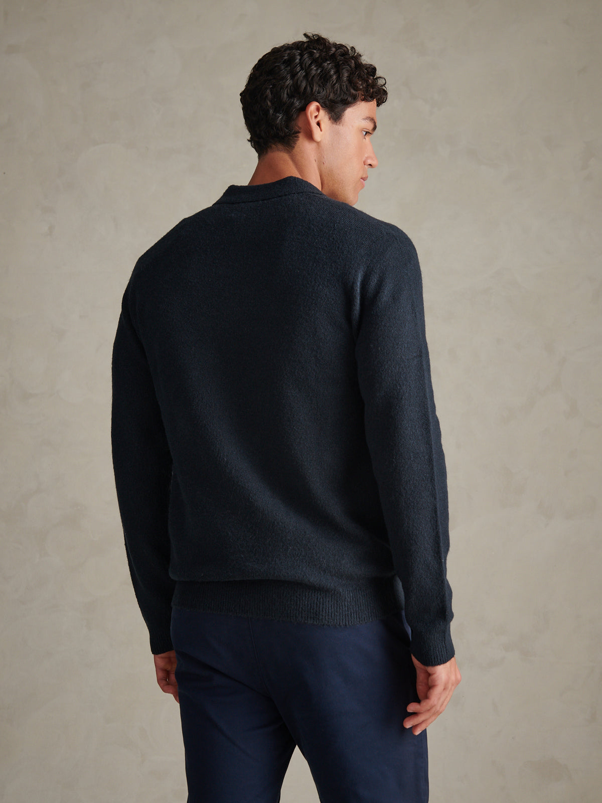 Mens Brushed Knit Long Sleeve Polo Shirt Dark Sapphire Navy