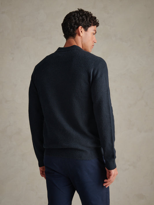 Mens Brushed Knit Long Sleeve Polo Shirt Dark Sapphire Navy