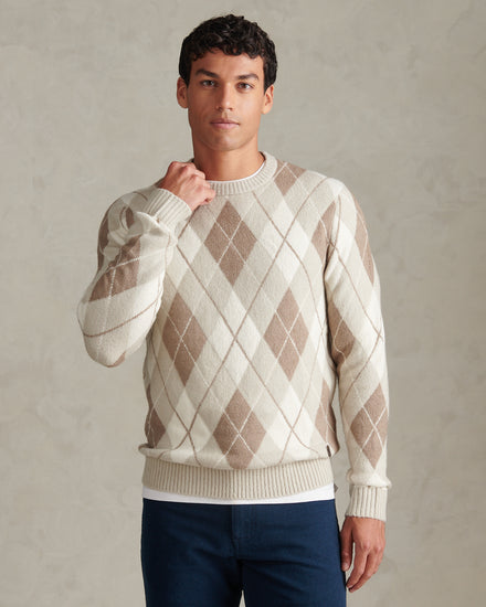 Mens Brushed Argyle Knit Crew Jumper Nacreous Clouds
