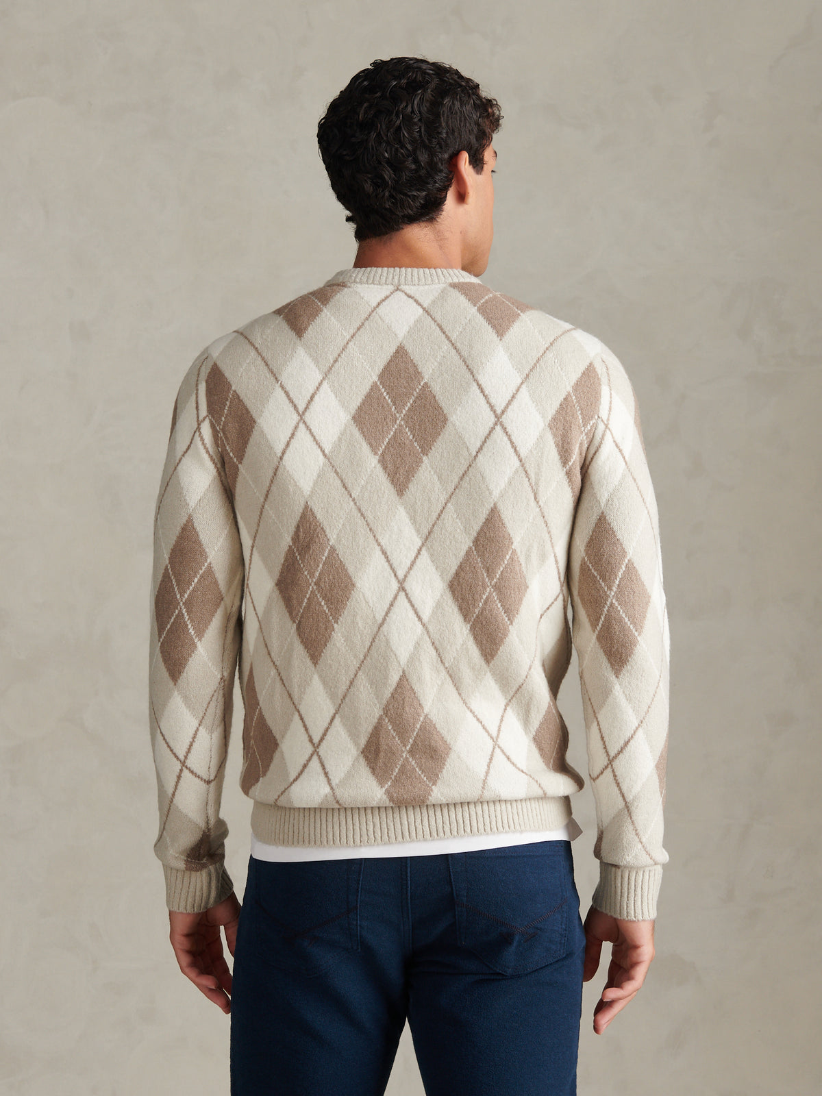Mens Brushed Argyle Knit Crew Jumper Nacreous Clouds