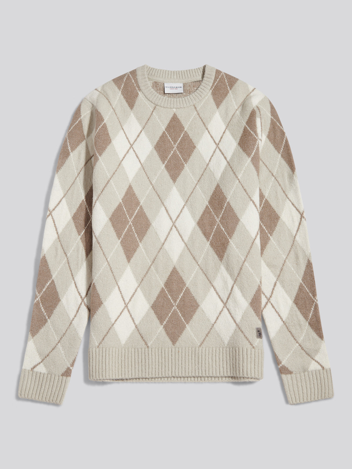 Mens Brushed Argyle Knit Crew Jumper Nacreous Clouds
