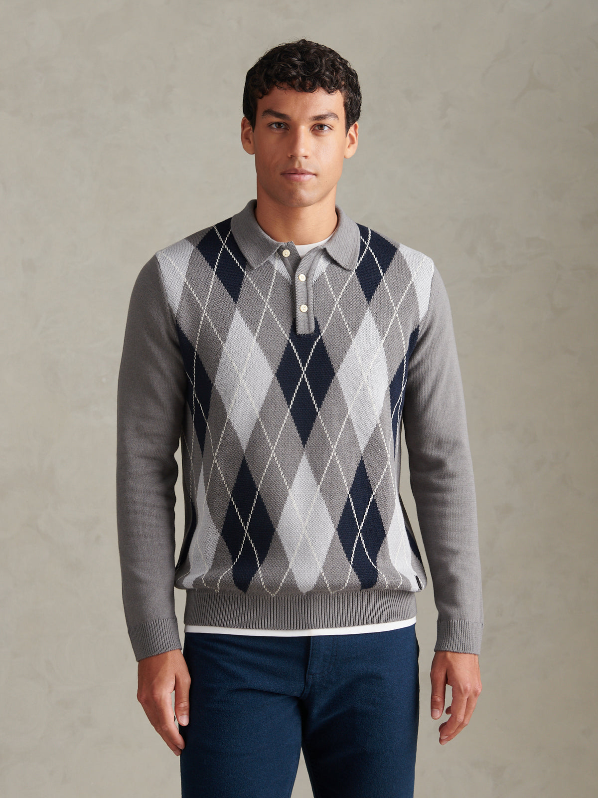 Mens Argyle Knit Long Sleeve Polo Shirt Charcoal Marl