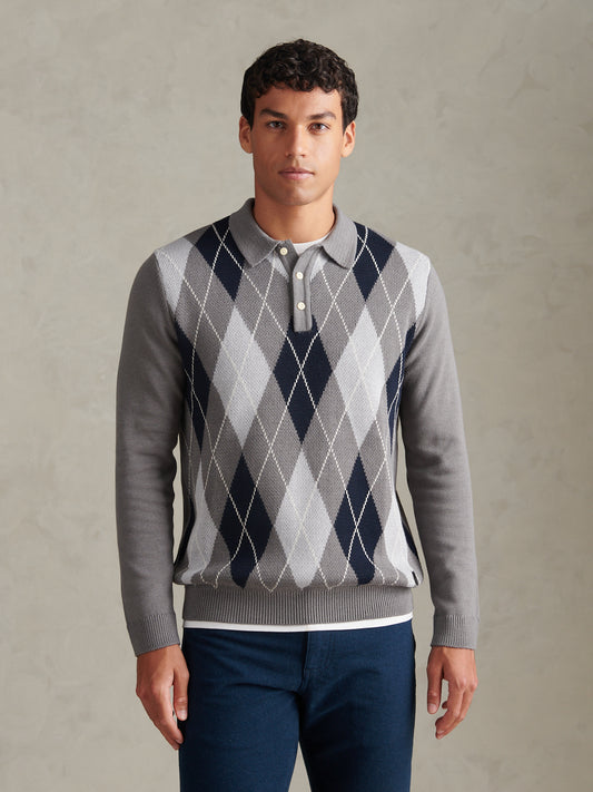 Mens Argyle Knit Long Sleeve Polo Shirt Charcoal Marl