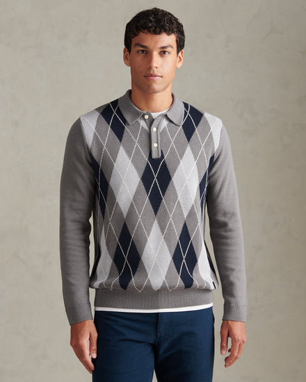 Mens Argyle Knit Long Sleeve Polo Shirt Charcoal Marl