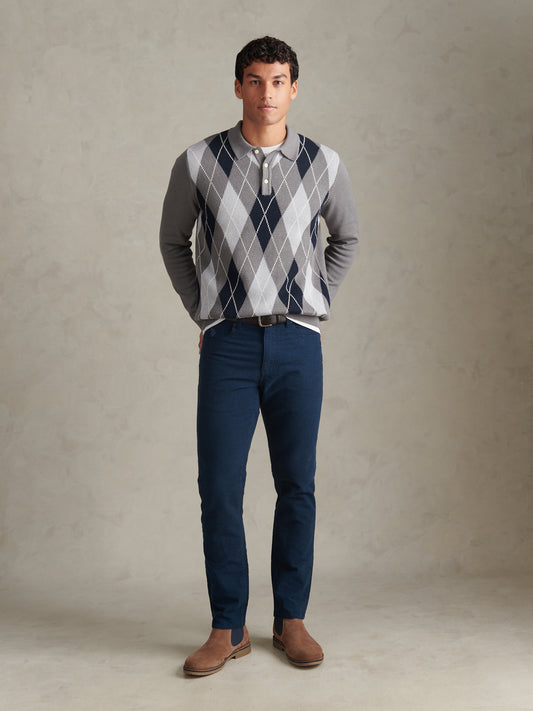 Mens Argyle Knit Long Sleeve Polo Shirt Charcoal Marl
