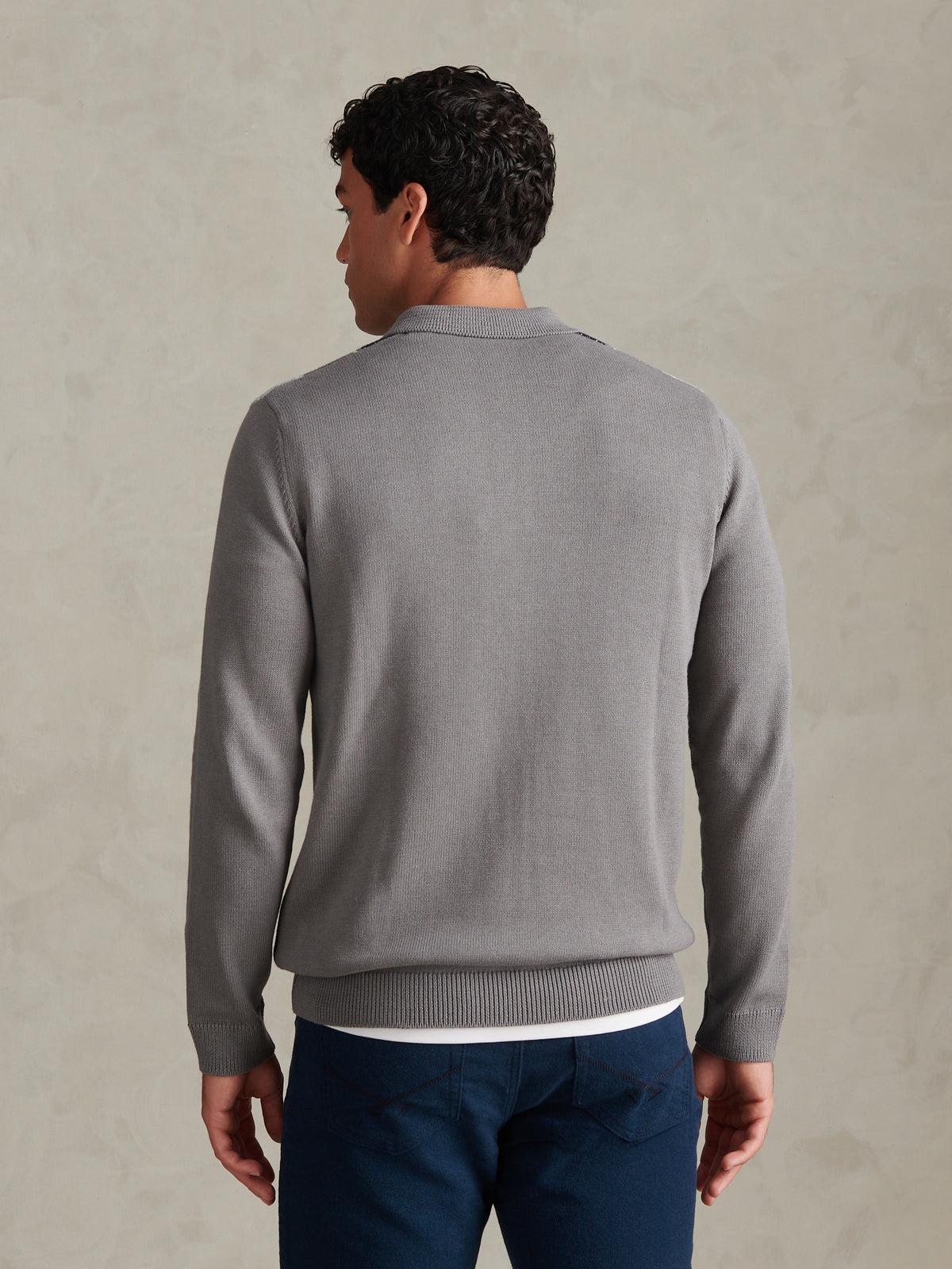 Mens Argyle Knit Long Sleeve Polo Shirt Charcoal Marl