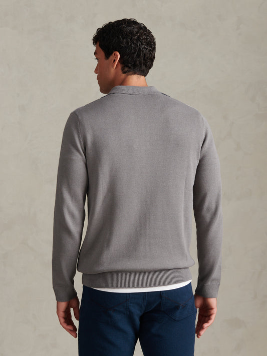 Mens Argyle Knit Long Sleeve Polo Shirt Charcoal Marl