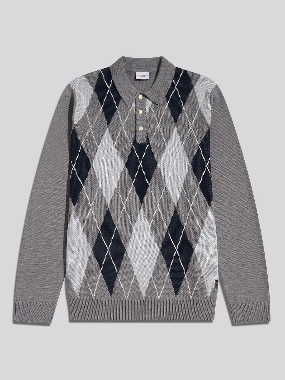 Mens Argyle Knit Long Sleeve Polo Shirt Charcoal Marl
