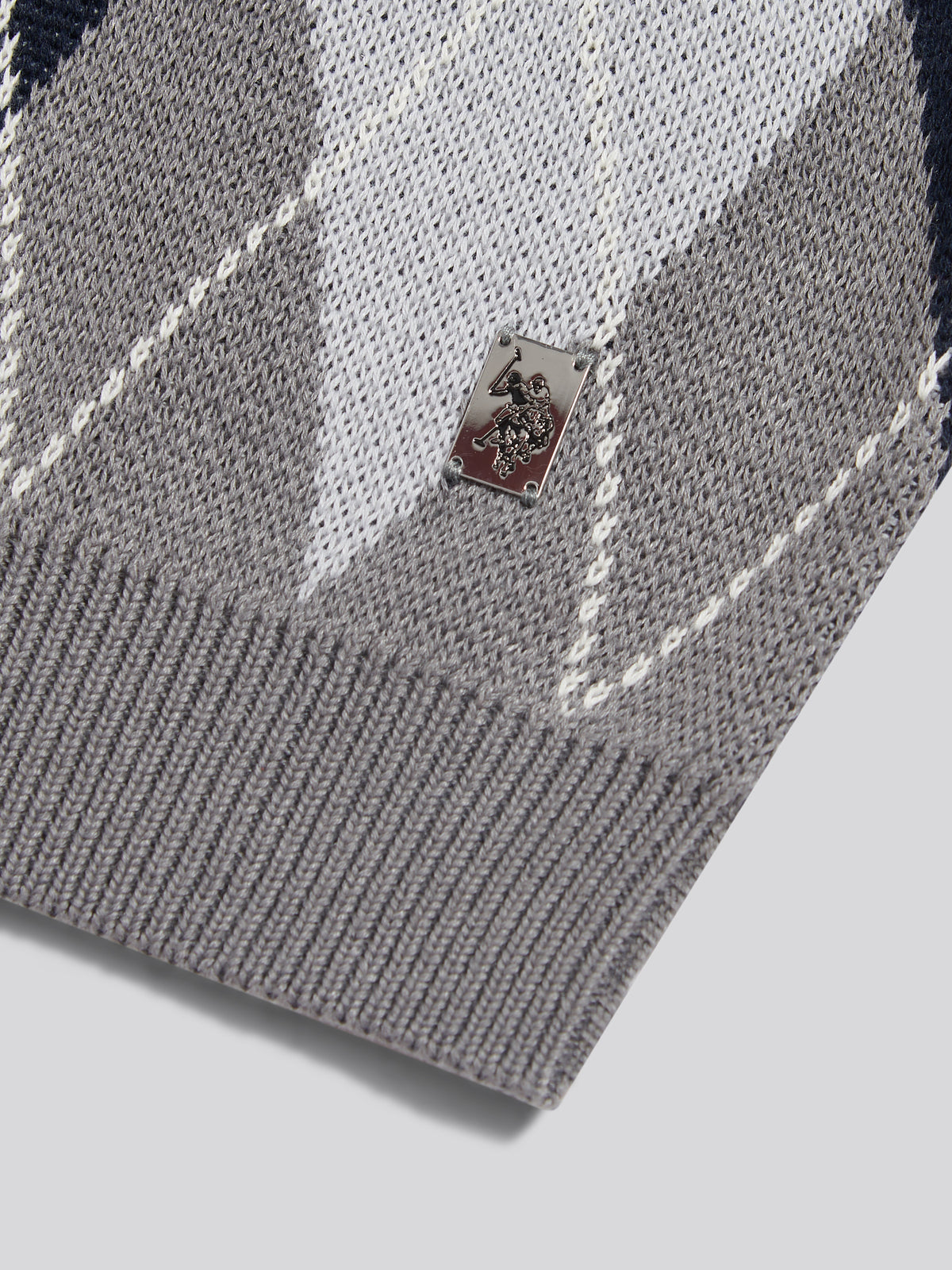 Mens Argyle Knit Long Sleeve Polo Shirt Charcoal Marl
